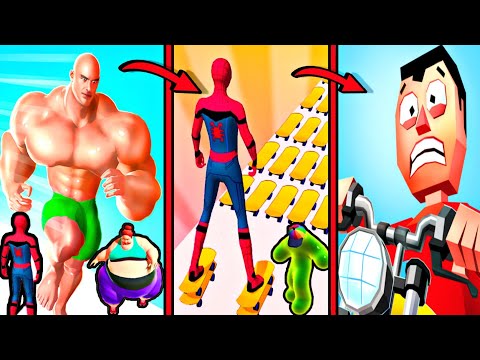 SuperHero Transform race, fat 2 fit, muscle rush game, spider stacker gameplay