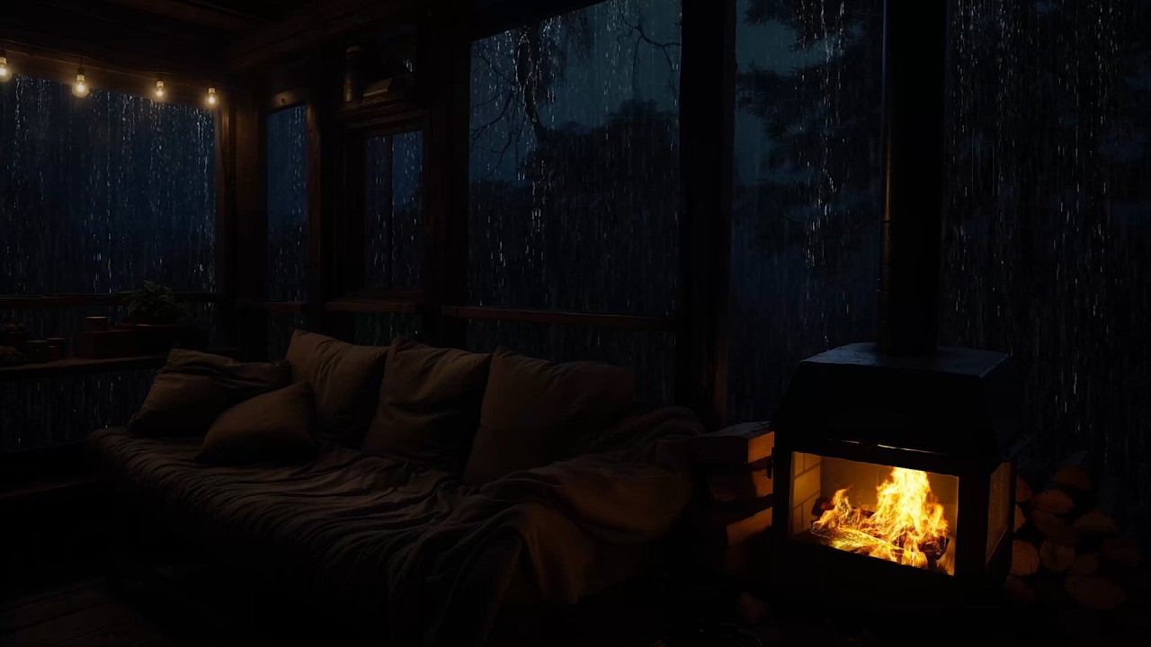 Rain Sounds on the Roof of a Cozy Cabin with Fireplace to Relaxing ...