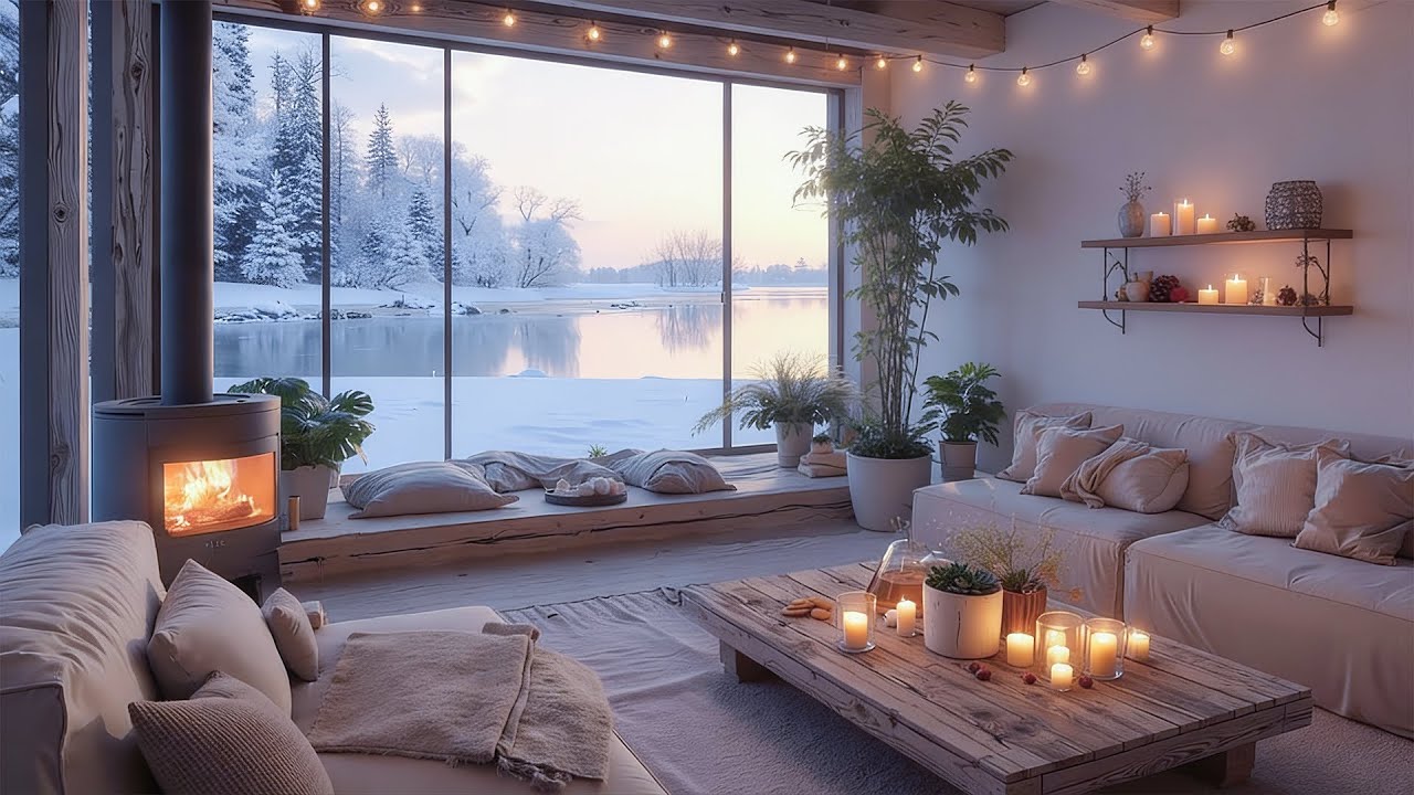 Quiet Winter Lake Cabin ❄️ Soft Piano, Fireplace & Falling Snow for Relaxation, Focus