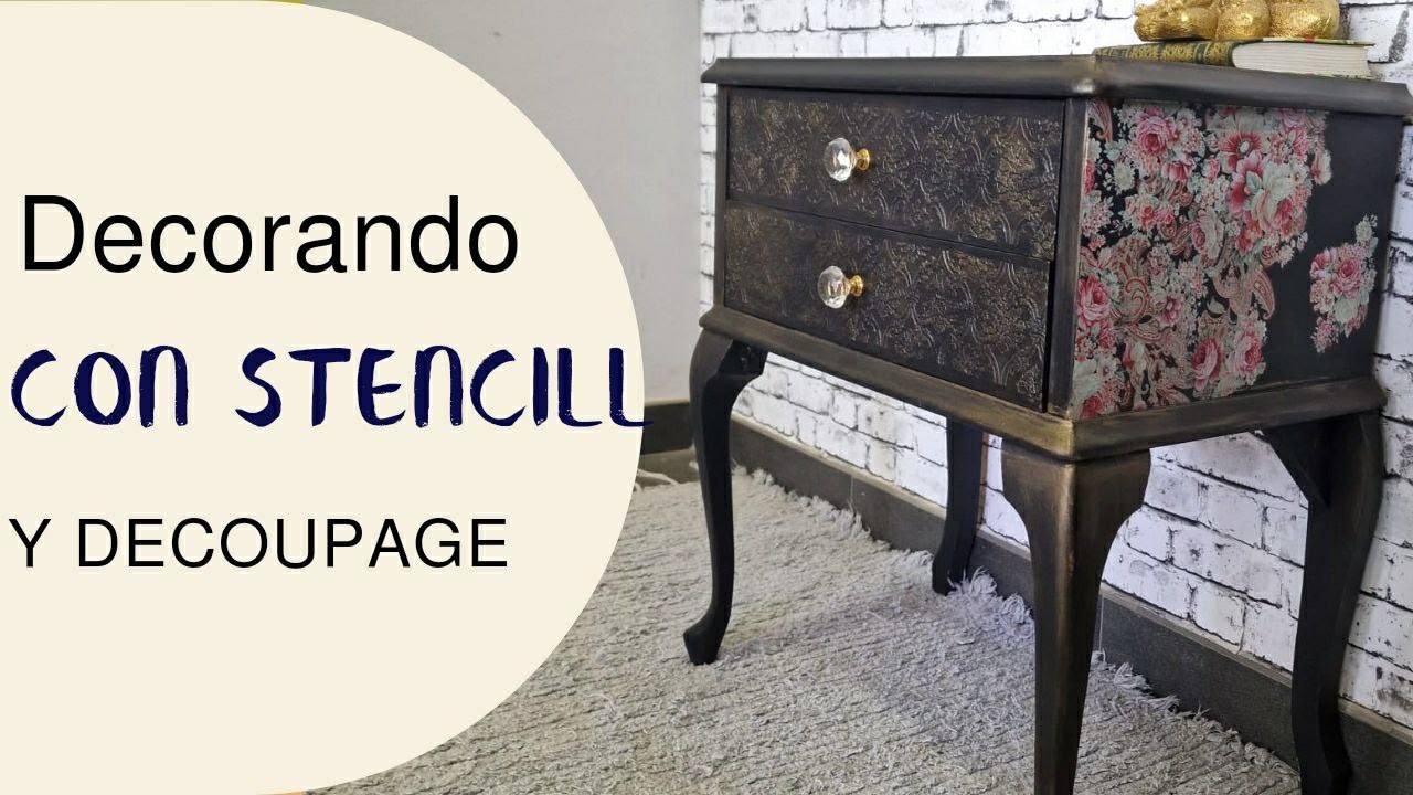 Mesita de noche DECORADA CON STENCIL EN RELIEVE Y DECOUPAGE