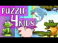 Table puzzle for kids - frog, sheep, honey bee, dolphin, zebra, camel, pig, panda, crocodile, crab