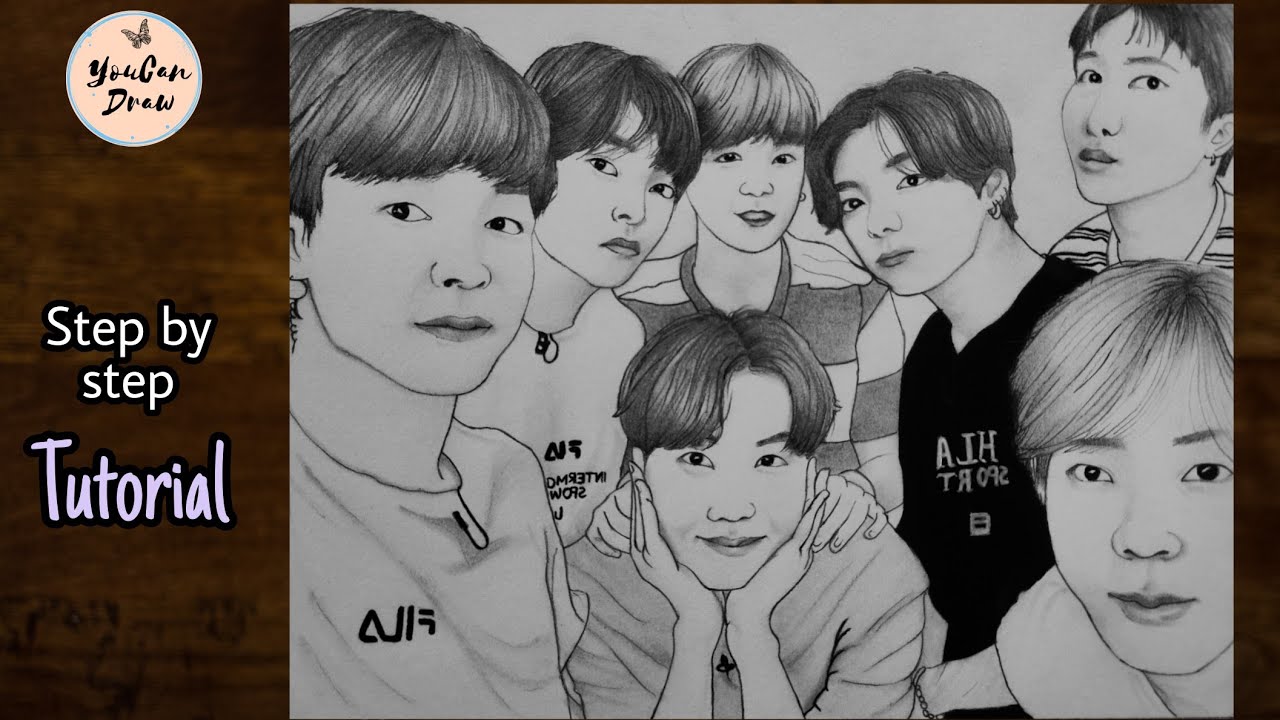 BTS Group Sketch  | How to draw BTS Members Step by Step easily ...