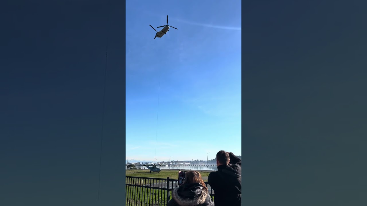 PBY Catalina getting lifted to its new home at the pacific north west air museum 