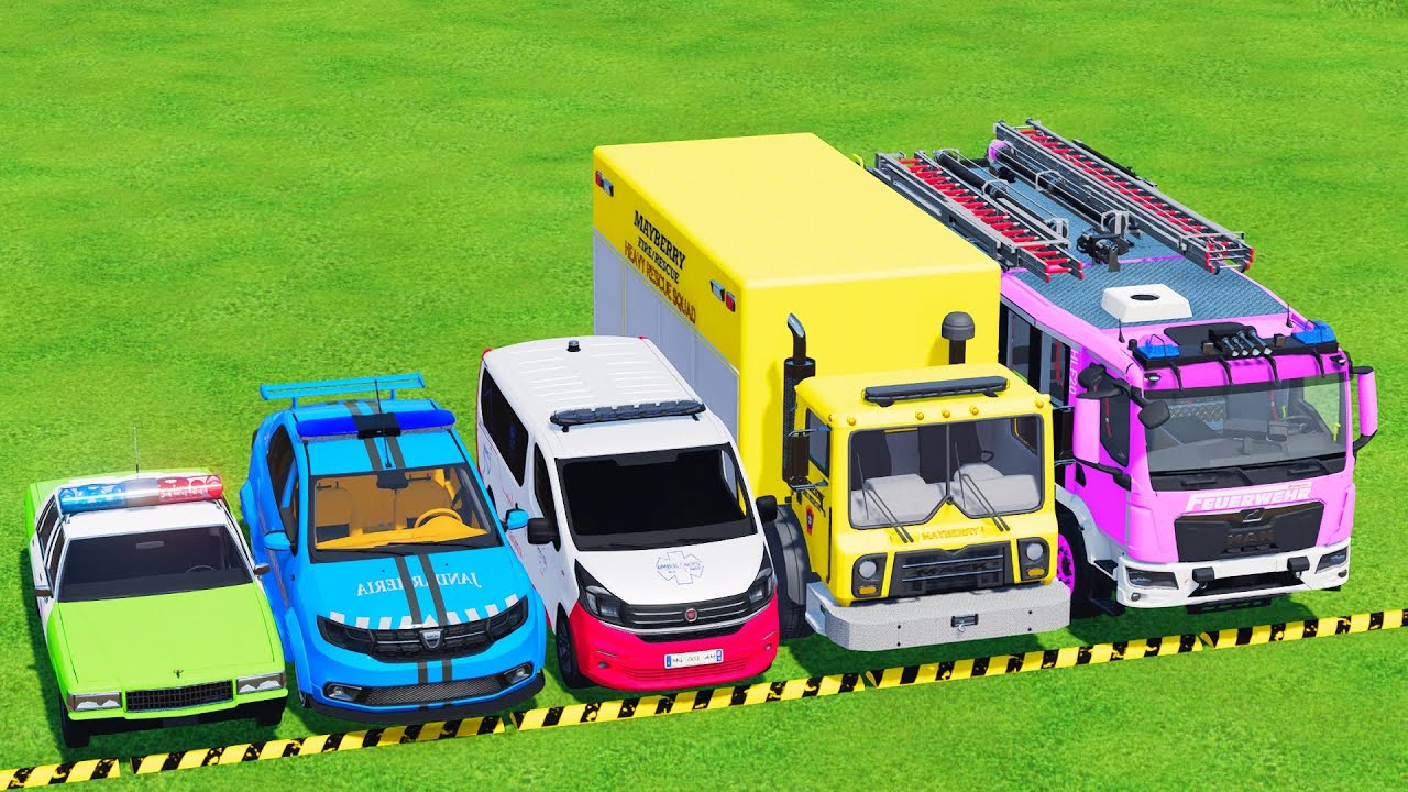 TRANSPORTING POLICE CARS, AMBULANCE, FIRE DEPARTMENT VEHICLES WITH TRUCKS TO THE GARAGE! FS22 