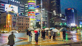 [4K] Walk together on the Rainy Spring Night Streets of Seoul Korea 비오는 서울의 봄밤 서촌 광화문 서울역 남영동 걷기 워킹