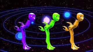 Cosmic Dance Party: Three Vibrant Aliens Boogie in a Holographic Universe! 🌌👽💃🌈🌞