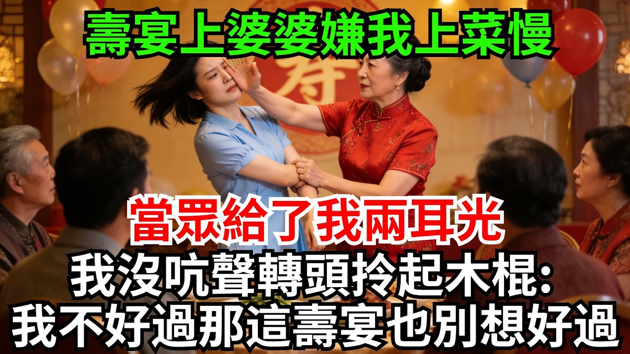 壽宴上婆婆嫌我上菜慢，當眾給了我兩耳光，我沒吭聲轉頭拎起木棍，把壽宴砸了個稀巴爛:我不好過那這壽宴也別想好過!#完結故事#情感故事#爽文#婆媳關系#家庭生活#故事頻道#故事分享#情感
