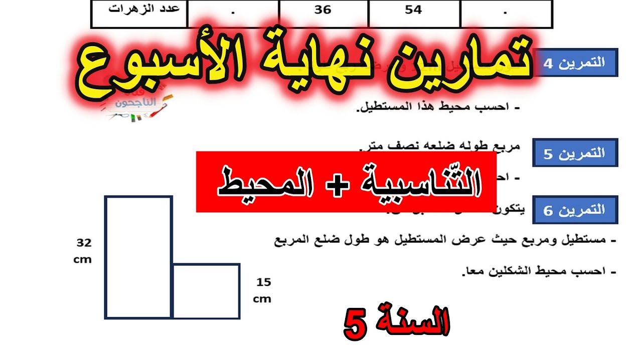 تمارين نهاية الأسبوع 1 الفصل2 في الرياضيات السنة 5