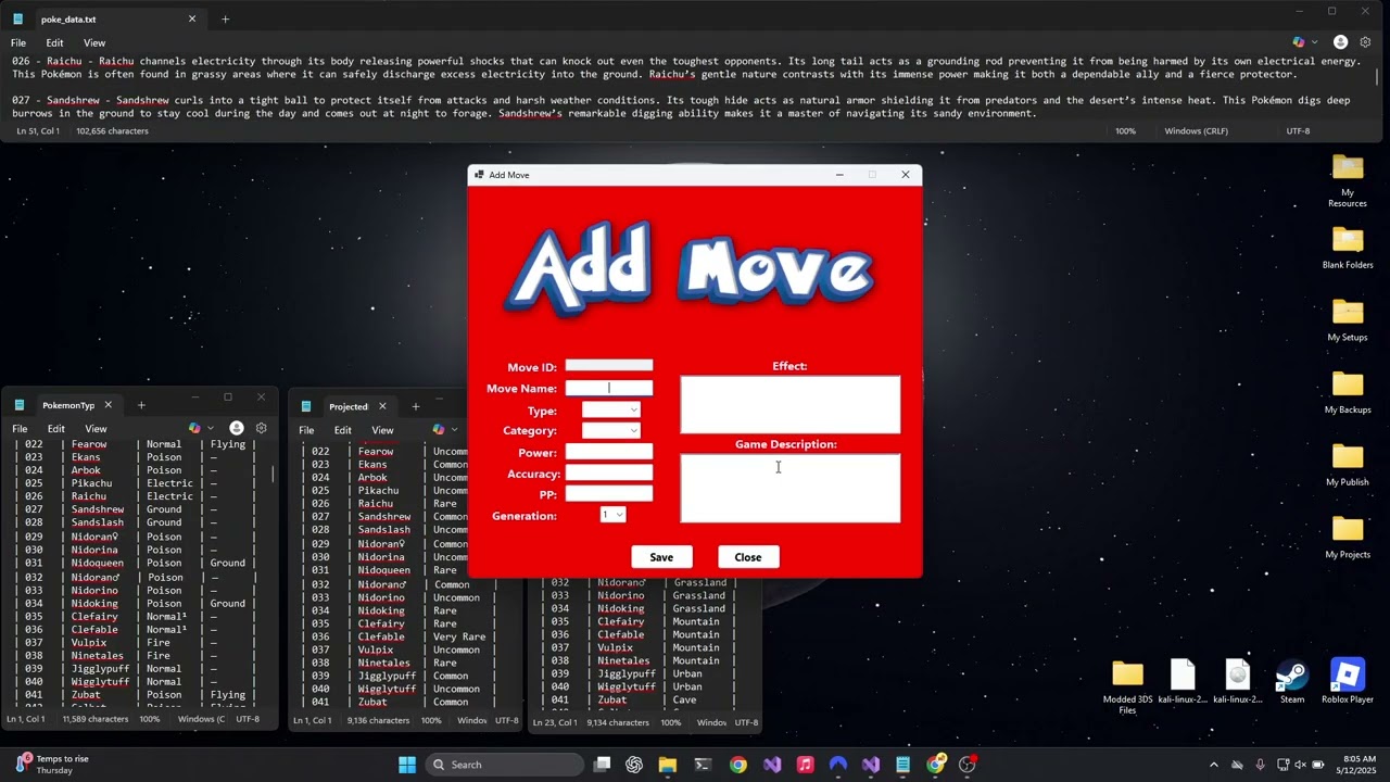 SQL C# Pokemon Database Windows Form Visual Studio IDE