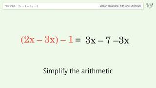Linear equation with one unknown: Solve 2x-1=3x-7 step-by-step solution