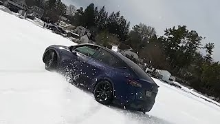 Drifting A Model Y Tesla Performance With Track Mode In The Snow Ice