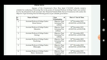 HPPSC Assistant Professor Exam Schedule