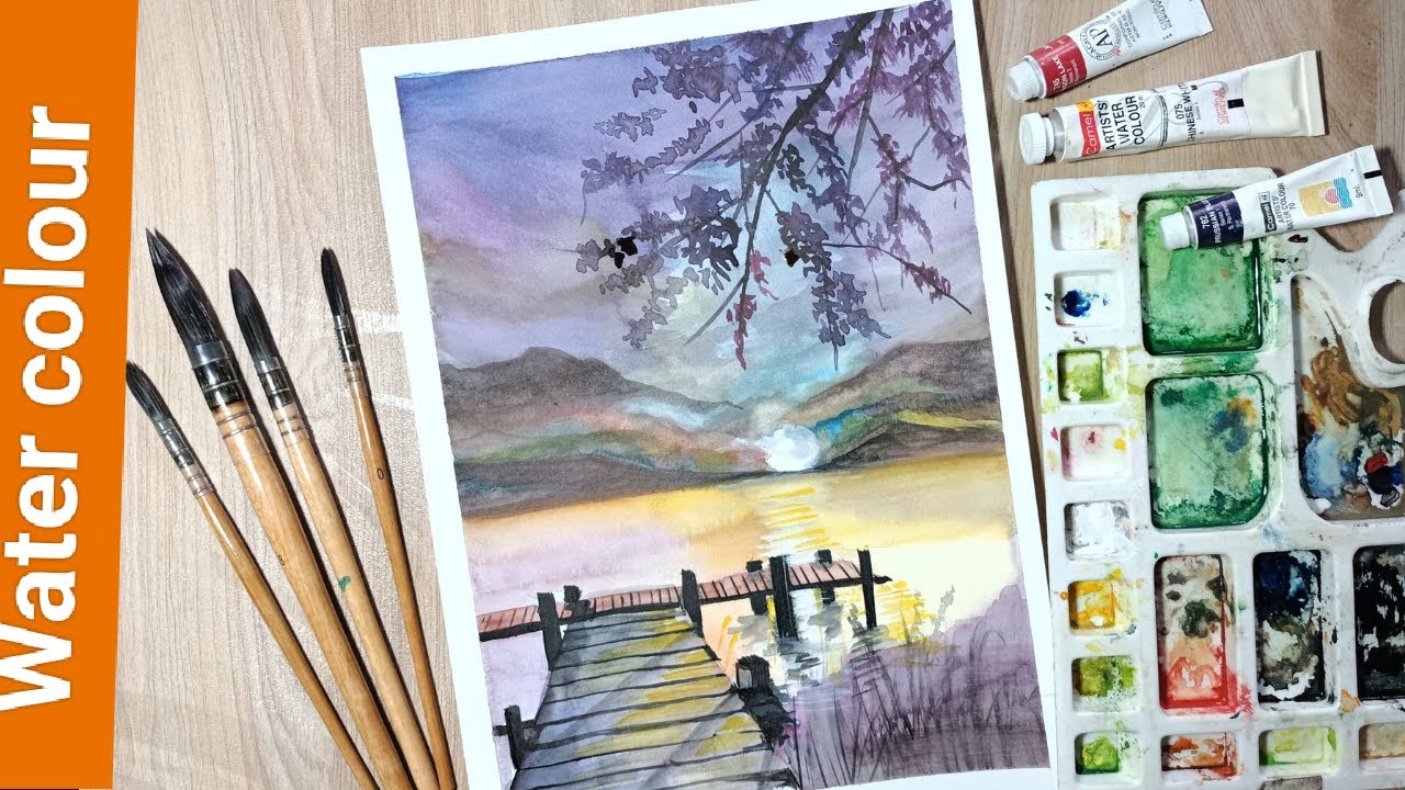 water-colour-painting-of-sunset-evening-landscape-of-riverside-easy