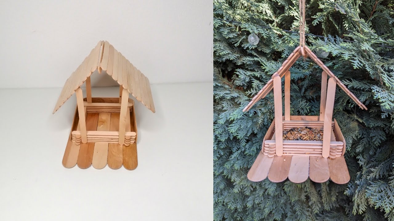 Vogelhäuschen selber bauen. Vogelhaus aus Eisstielen und Holzstäben