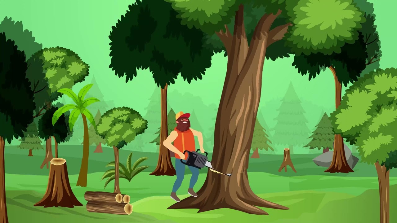 no copy right video cartoon tree cutting  lumberjack cutting big tree 4k animation muscular wood