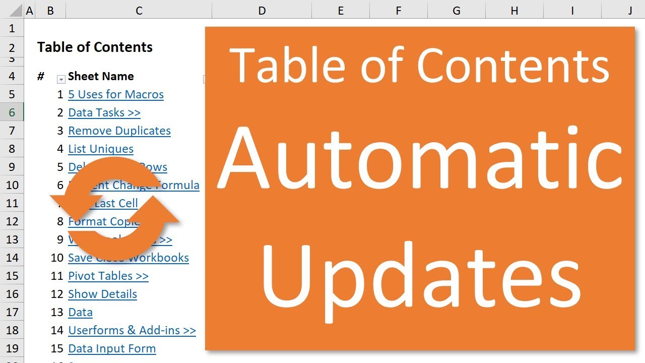 Excel Table Of Contents That Automatically Updates Excel Campus