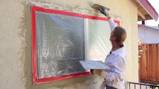 Stucco around a new window in sawcut stucco