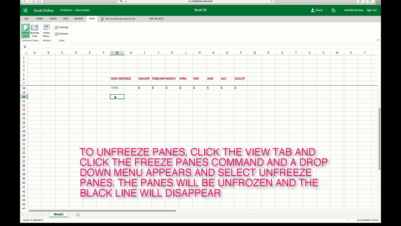 HOW TO FREEZE OR UNFREEZE ROWS IN EXCEL ONLINE ONEDRIVE - YouTube
