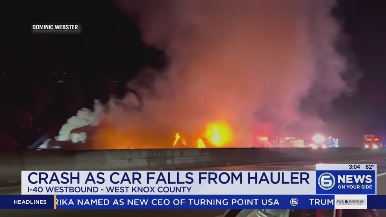 Tractor trailer catches fire after vehicle falls from transport truck ...