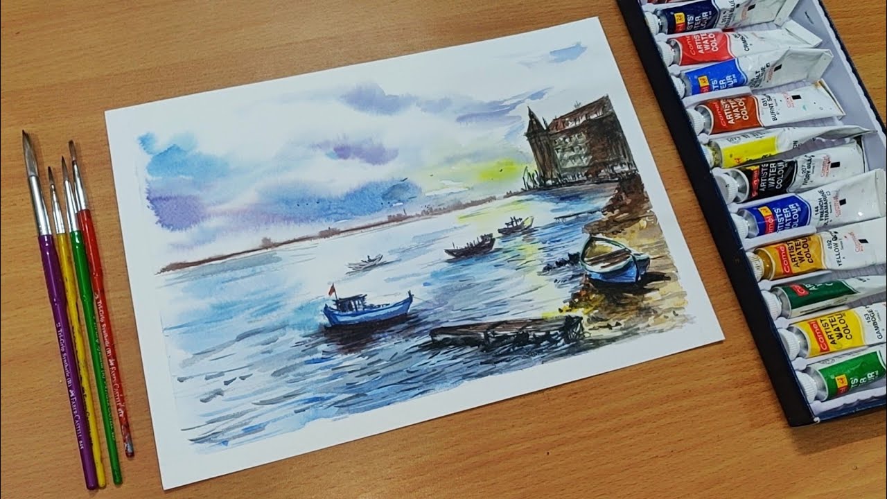 Watercolor Painting of a Boat in a Riverbank Scenery | (Beginner Tutorial 2020)