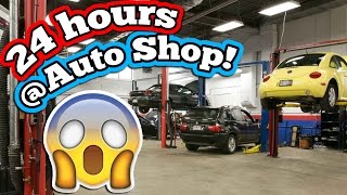 24 HOUR OVERNIGHT CHALLENGE AT THE CAR MECHANIC!! BEST OVERNIGHT FORT CHALLENGE AT AN AUTO SHOP!