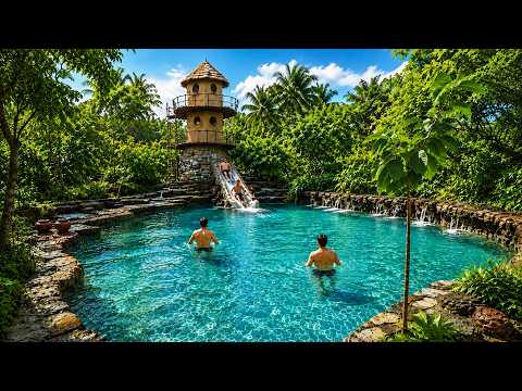 Tropical Mud Tower Pool With Stone Water Slide