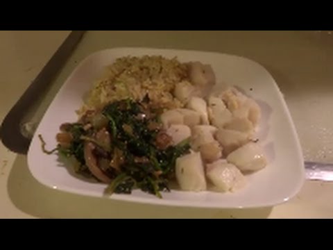 baked scallop,rice pilaf,spinach onion medley