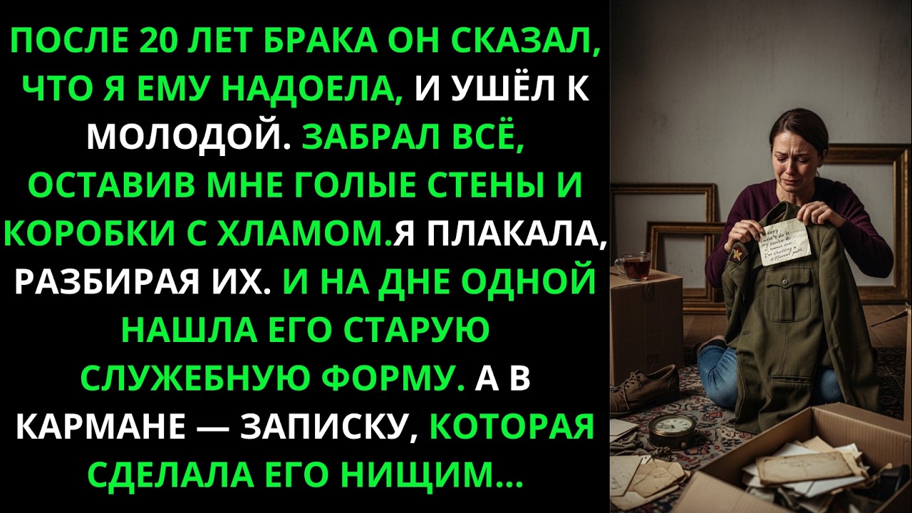 Он ушел к молодой, забрав всё. Я нашла записку в его старой форме. Она сделала его нищим.