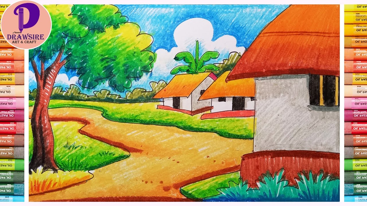 How To Draw A Beautiful Village Scenery Step By Step _ Easy Nature ...