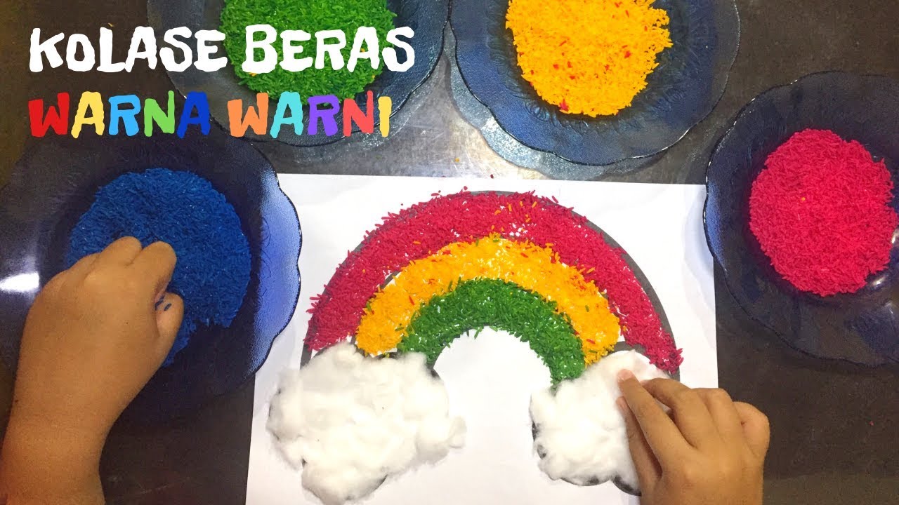 Melukis Kolase Gambar Pelangi  dan Awan dengan Beras Warna 