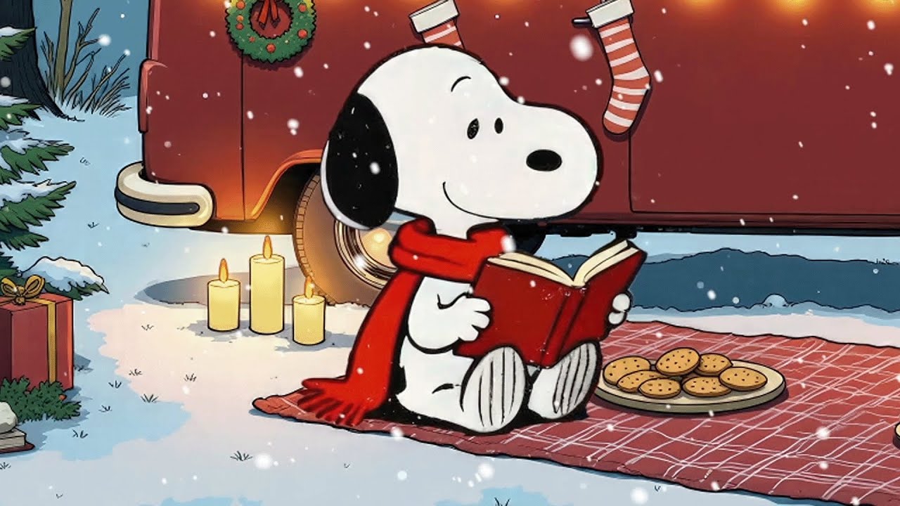 Snoopy Cozy Holiday Reading Night ✨ Candlelight & Falling Snow · Lofi Ambience [Focus / Study]
