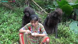 1 Primitive Life   Ethnic girl picking natural fruits meets forest people  Eat delicious fruits