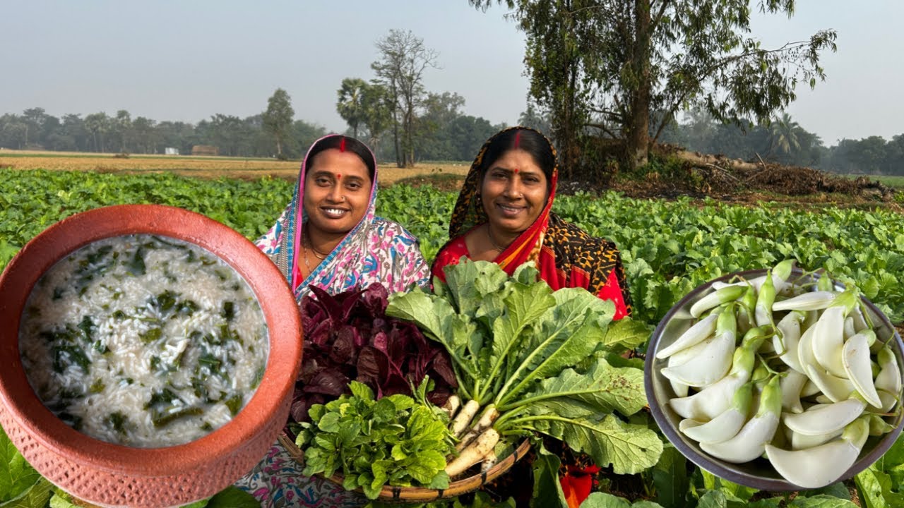 শীতের সকালে জমি থেকে তুলে আনা টাটকা শাকসবজি দিয়ে সবার প্রিয় খাবার ফেনাভাত সাথে বকফুল ভাজা।।
