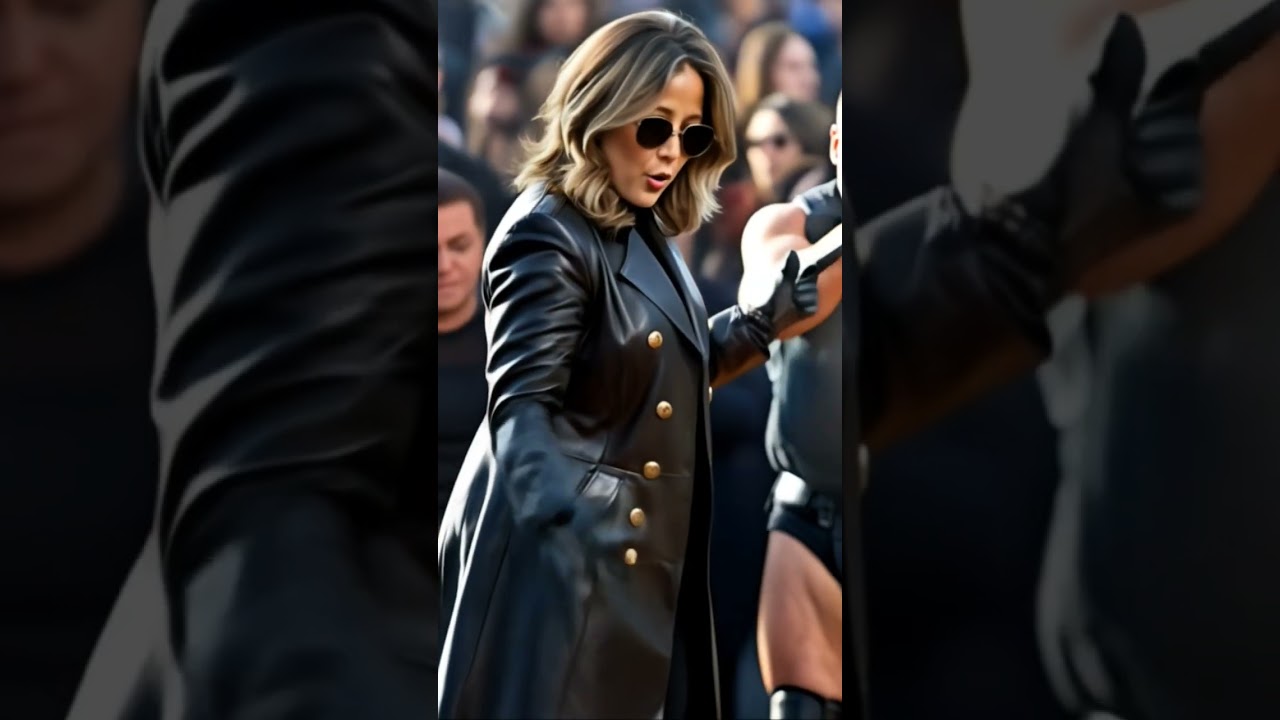 Babe in leather coat and gloves orders her men to shoot