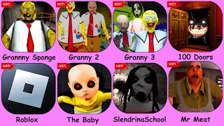 Grannny Sponge,Granny 2,3,100 Doors,Roblox,The Baby In Yellow,Slendrina The School,Mr Meat