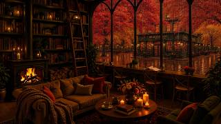 Dreamy Fall Library Coffee Shop | Gentle Rainfall, Fireside Warmth & Relaxing Jazz Piano For Reading