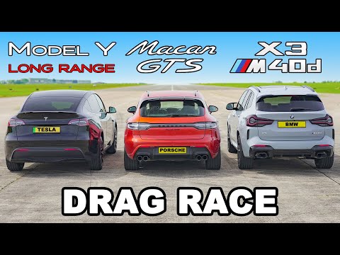 Tesla Model Y v Porsche Macan GTS v BMW X3 M40d: DRAG RACE