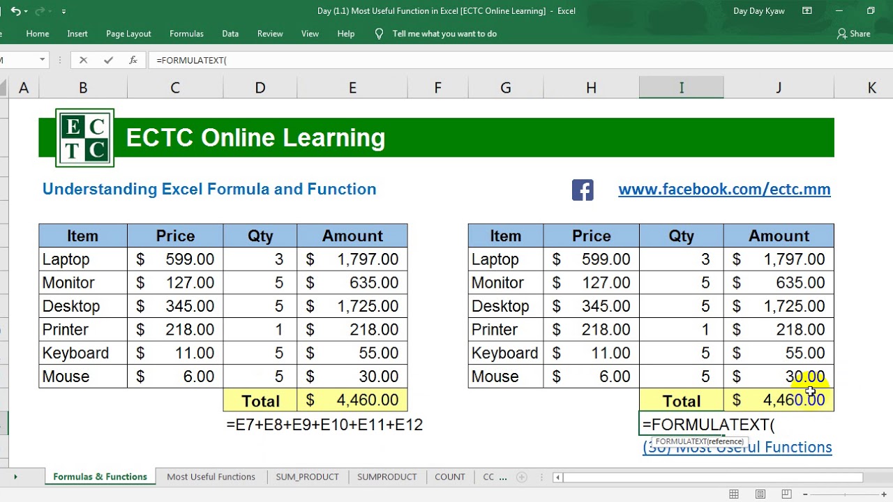 Day 1 1 Most Useful Function in Excel ECTC Online Learning - YouTube