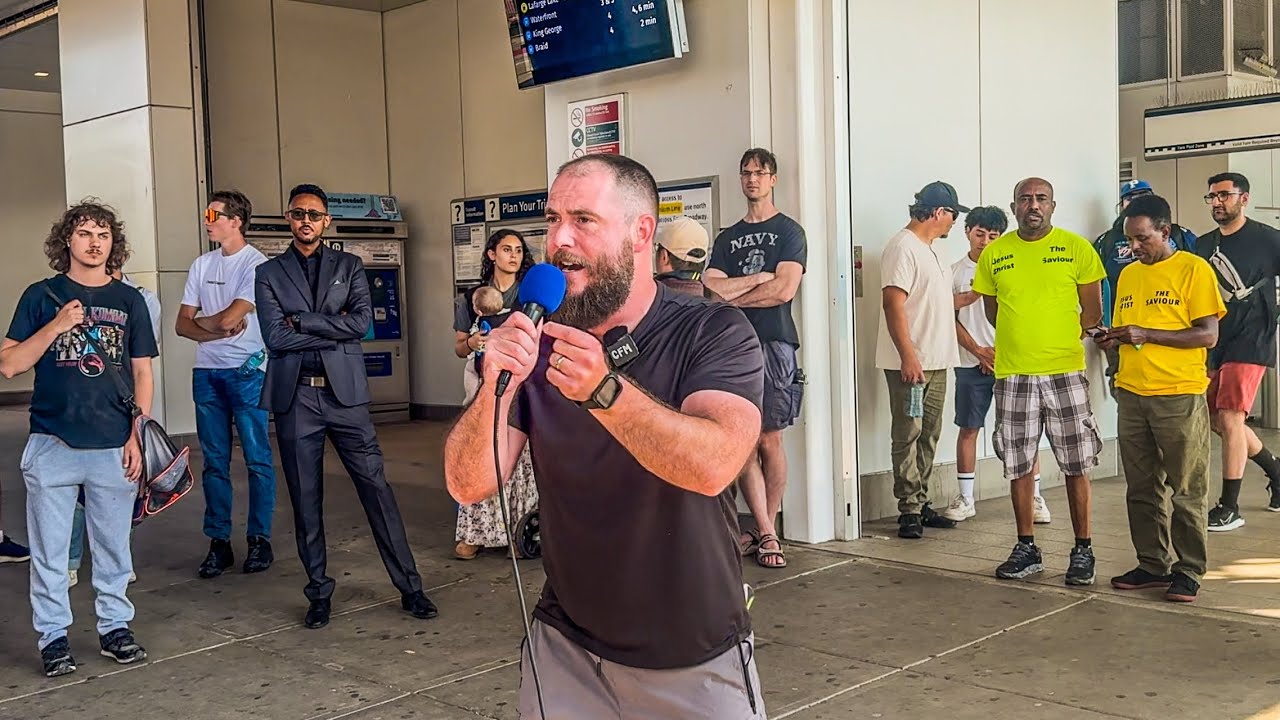 Group meetup and gospel preaching at Commercial and Broadway in Vancouver, B.C.