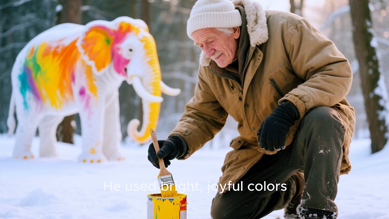 The old man and his dog used branches and snow to make a model of an elephant family