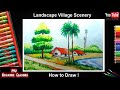 How to draw colourful village landscape scenery I Step By Step I Piu Drawing Classes