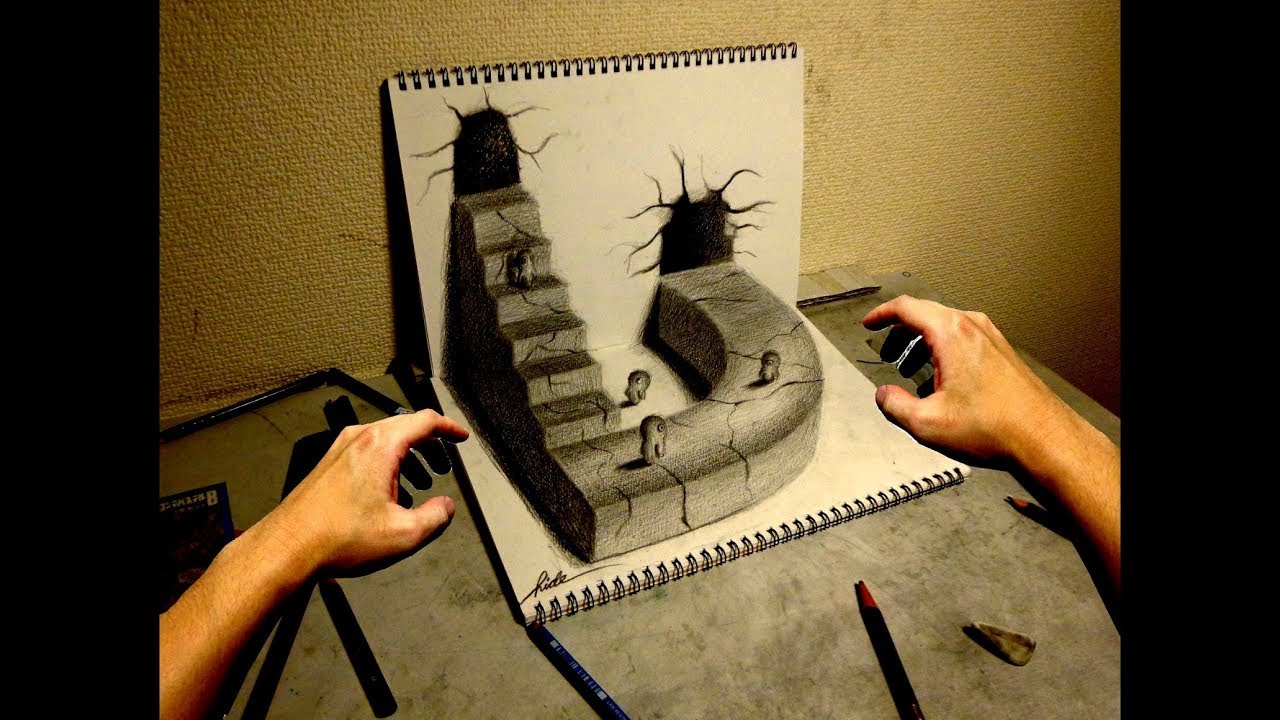 イラストの階段が飛び出す 鉛筆で描く3dトリックアート Youtube