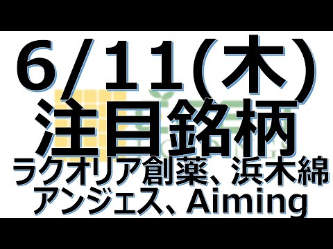 【6月11日の注目銘柄解説！】ラクオリア創薬欧州特許査定、浜木綿株主優待新設、アンジェス特許査定、Aimingドラゴンクエストタクト事前登録開始