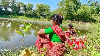 Amazing Fishing video🐬🐬| Hook Fishing In pond |The lady caught fish in pond in village fish catching