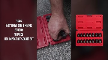 SUNEX® Tools | 3646 | 3/8" Drive SAE & Metric Stubby 16 Piece Hex Impact Bit Socket Set