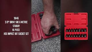 SUNEX® Tools | 3646 | 3/8" Drive SAE & Metric Stubby 16 Piece Hex Impact Bit Socket Set