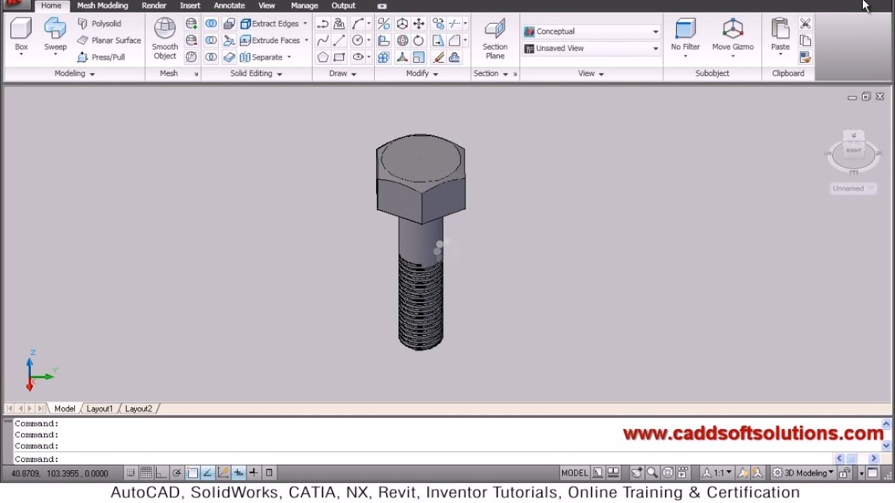 AutoCAD 3D Bolt With Threads Tutorial Download 3D Bolt DWG Drawing