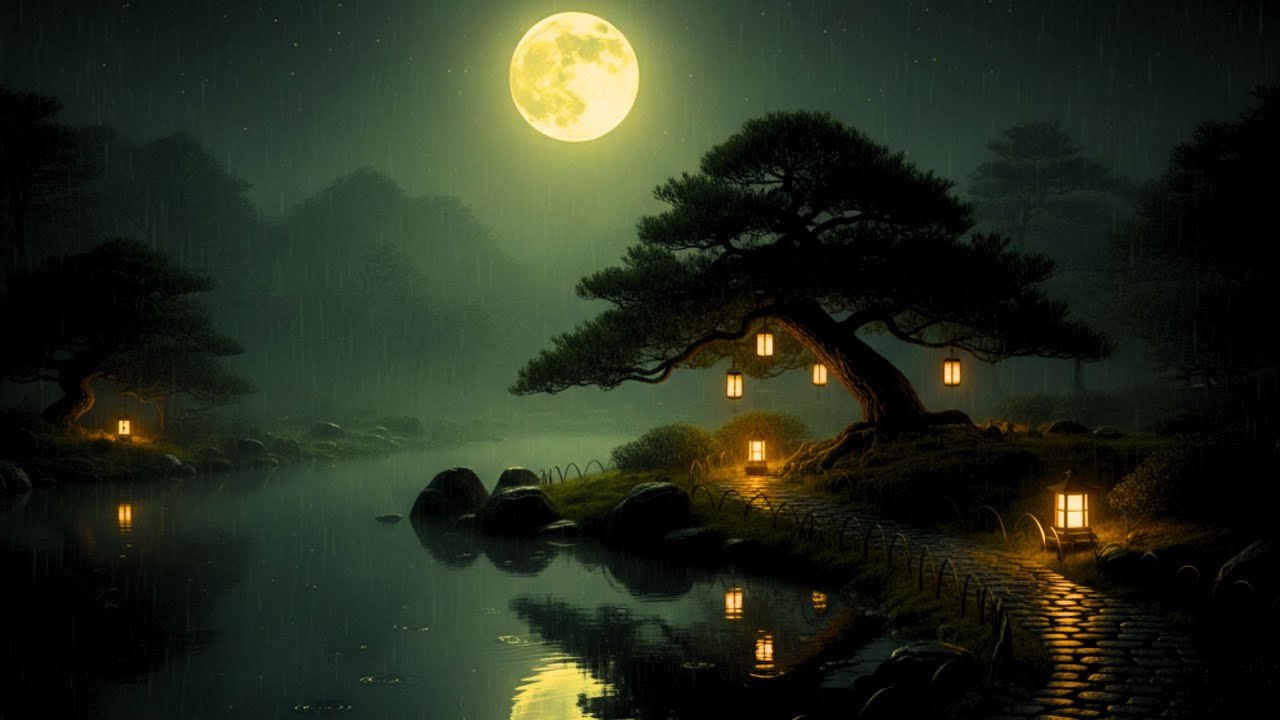 【安眠】黄金色の月夜と雨の苔庭｜穏やかな旋律と雨音の和風アンビエント - Moonlit Rain & Gentle Zen Melody