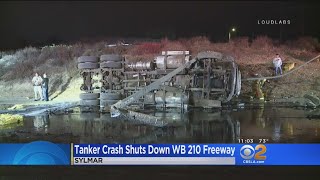 Tanker Truck Crash Spills Hot Tar All Over WB 210 Freeway