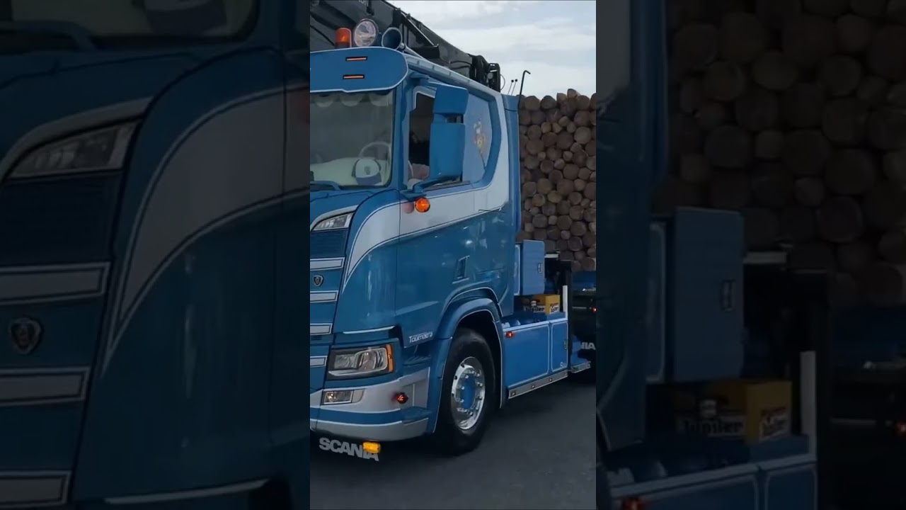 Scania Super transports wood. How do you like the sound of the engine?